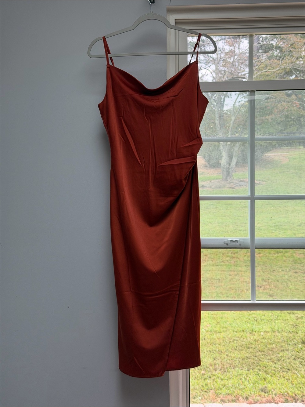 Lulu's Rust Satin Cowl Neck Midi Slip Dress